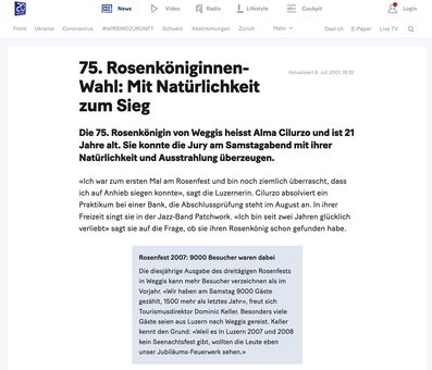 Rosenkönigin, Alma Cilurzo, 20 Minuten Artikel