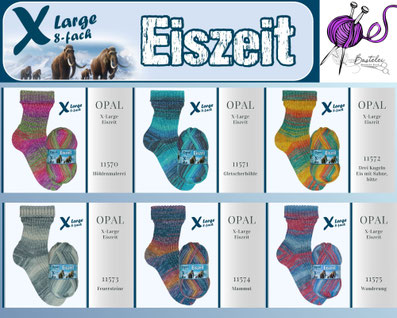 Das Foto zeigt die Farbkarte des 8fachen Sockengarns Opal XLarge Eiszeit