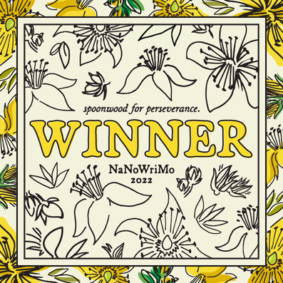 Grafik mit stilisierten Blumen, Text: Spoonwood for perseverance. WINNER. NaNoWriMo 2022.