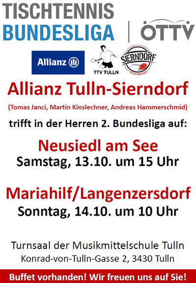 Zum ersten Mal schlagen unsere Bundesliga-Spieler in neuer Formation in der Heimhalle in Tulln auf. Sierndorfer und Tullner: Feuert unser Team an!