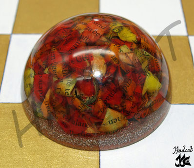 Hadcat resin paperweight yellow-orange-red book pages
