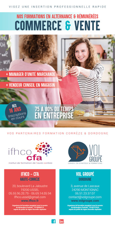 Flyer de présentation des titres professionnels de vendeur en magasin et manager d'unité marchande pour la Dordogne et la Corrèze