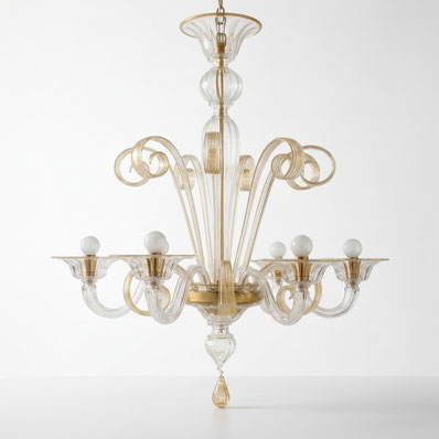 lampadario Brahms 8 luci in vetro di Murano lavorato a mano stile classico veneziano con bracci decorati elegante per salone made in Italy