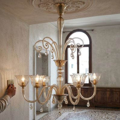 lampadario Miss Donatella in vetro di Murano lavorato a mano stile classico veneziano con bracci sinuosi e dettagli decorativi elegante per soggiorno raffinato made in Italy