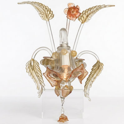 Applique Miss Vivaldi  in vetro di Murano lavorato a mano colore trasparente con rosa e oro  24 carati con due luci