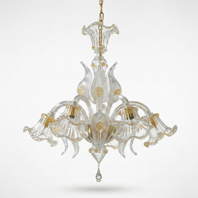 lampadario Liszt ambra in vetro di Murano lavorato a mano stile classico veneziano con tonalità calde e bracci eleganti per salone raffinato made in Italy