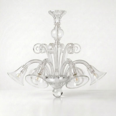 lampadario Pastorale a 5 luci in vetro di Murano lavorato a mano colore cristallo trasparente con ricci decorativi e stile veneziano tradizionale