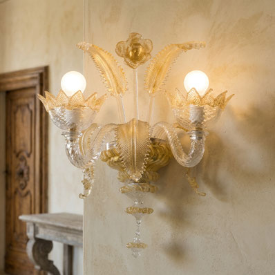 Applique in vetro di Murano Lieszt con due luci colore trasparente con oro 24 carati