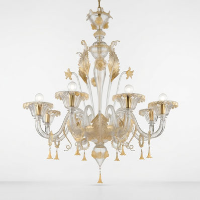 lampadario Miss Veneziana Aurea 8 luci con foglia oro in vetro di Murano lavorato a mano stile classico veneziano per salone elegante made in Italy