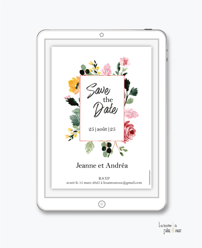 Save the date mariage numérique-Save the date mariage digital-Save the date numérique-pdf numérique-Save the date mariage electronique -Save the date à envoyer par mms-par mail-réseaux sociaux-whatsapp-facebook-messenger-fleurs-coloré-champêtre-végétal-