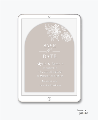 Save the date mariage numérique-Save the date mariage digital-Save the date numérique-pdf numérique-Save the date mariage electronique -Save the date à envoyer par mms-par mail-réseaux sociaux-whatsapp-facebook-messenger-Arche relief-pivoine