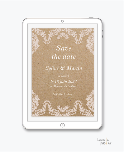 Save the date mariage numérique-Save the date mariage digital-Save the date mariage electronique -Save the date à envoyer par mms-par mail-réseaux sociaux-whatsapp-facebook-messenger-baroque-arabesque-kraft