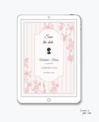 Save the date mariage numérique-Save the date mariage digital-Save the date numérique-Save the date mariage electronique -Save the date à envoyer par mms-par mail-réseaux sociaux-whatsapp-facebook-messenger-Bridgerton-Lys-L’élégance- le romantisme-rayure-