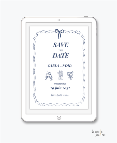 Save the date mariage numérique-Save the date mariage digital-Save the date -Save the date mariage electronique -Save the date à envoyer par mms-par mail-réseaux sociaux-whatsapp-facebook-messenger-pictogrammes-vase-flute-bouteille-coeur-bleu et blanc