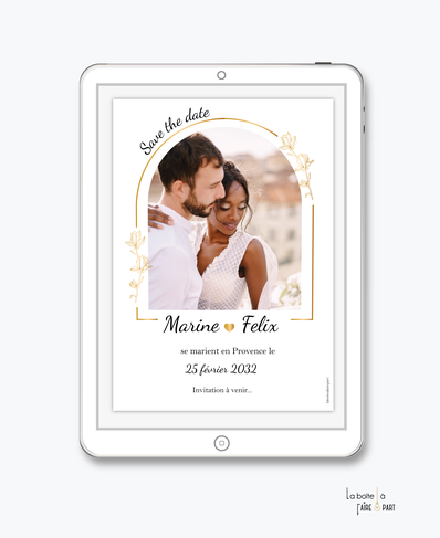 Save the date mariage numérique-Save the date mariage digital-Save the date numérique-Save the date mariage electronique -Save the date à envoyer par mms-par mail-réseaux sociaux-whatsapp-facebook-messenger-arche-doré-oriental-marocain-photo-or-chic