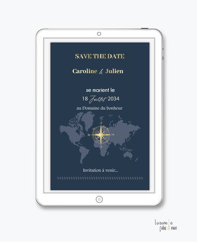 Save the date mariage numérique-Save the date mariage digital-Save the date numérique-Save the date mariage electronique -Save the date à envoyer par mms-par mail-réseaux sociaux-whatsapp-facebook-messenger-Voyage-pays-boussole-passeport-mappemonde-bleu