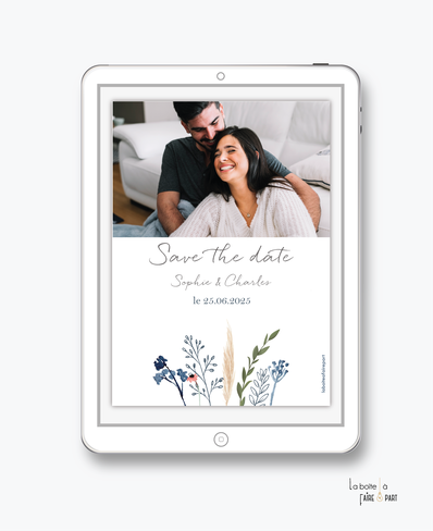 Save the date mariage numérique-Save the date mariage digital-Save the date numérique-pdf numérique-Save the date mariage electronique -Save the date à envoyer par mms-par mail-réseaux sociaux-whatsapp-facebook-messenger-hexagone champetre-fleurs-bohème