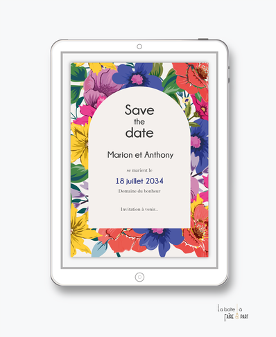 Save the date mariage numérique-Save the date mariage digital-Save the date numérique-pdf-Save the date mariage electronique -Save the date à envoyer par mail-réseaux sociaux-whatsapp-facebook-fleurs colorées-fleurs de couleur-bleu-rouge-vert-jaune