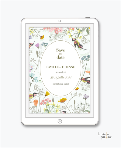 Save the date mariage numérique-Save the date mariage digital-Save the date numérique-Save the date mariage electronique -Save the date à envoyer par mms-par mail-réseaux sociaux-whatsapp-facebook-messenger-élégance-romantisme-oiseau-colibri-pictogramme