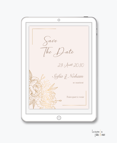 Save the date mariage numérique-Save the date mariage digital-Save the date numérique-pdf numérique-Save the date mariage electronique -Save the date à envoyer par mail-réseaux sociaux-whatsapp-facebook-pivoines-doré-or-chic -elegant-raffiné