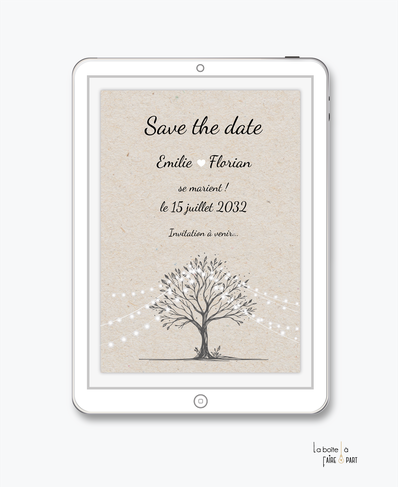 Save the date mariage numérique-Save the date mariage digital-Save the date numérique-Save the date mariage electronique -Save the date à envoyer par mms-par mail-réseaux sociaux-whatsapp-facebook-messenger-arbre-pictogramme-guirlande-coeur-arbre de vie-