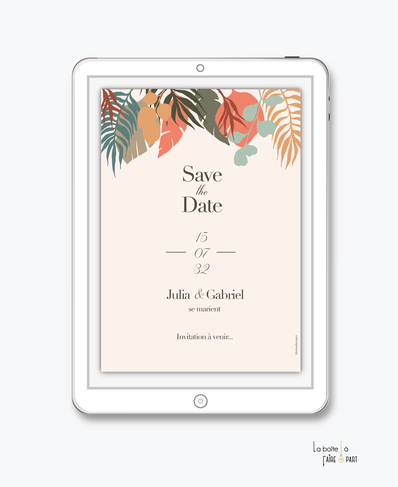 Save the date mariage numérique-Save the date mariage digital-Save the date numérique-pdf-Save the date mariage electronique -Save the date à envoyer par mail-réseaux sociaux-whatsapp-facebook-Feuille de palmier-tropical-tropique-orange et vert-exotique