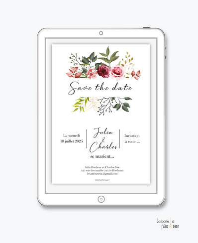 Save the date mariage numérique-Save the date mariage digital-Save the date numérique-pdf numérique-Save the date mariage electronique -Save the date à envoyer par mms-par mail-réseaux sociaux-whatsapp-facebook-messenger-pivoines-fleurs-eucalyptus-rose-