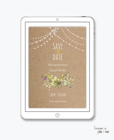 Save the date mariage numérique-Save the date mariage digital-Save the date numérique-pdf-Save the date mariage electronique -Save the date à envoyer par mail-réseaux sociaux-whatsapp-facebook-guirlande-bouquet champêtre-guinguette-bohème-