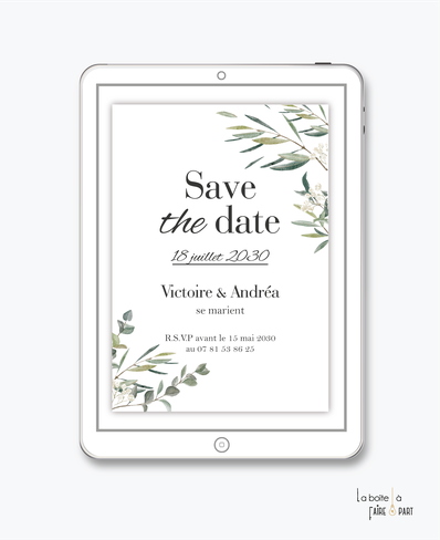Save the date mariage numérique, branche d'olivier, champêtre, olivier