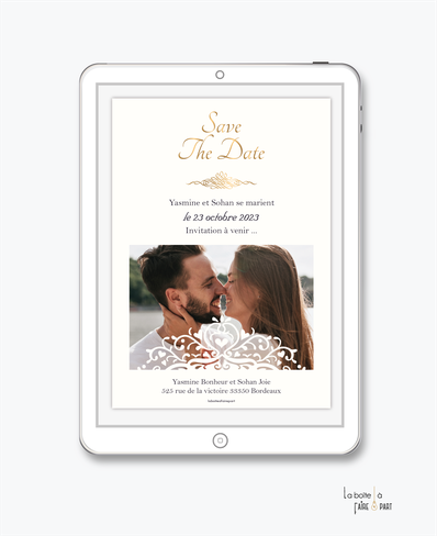 Save the date mariage numérique-Save the date mariage digital-Save the date numérique-Save the date mariage electronique -Save the date à envoyer par mms-par mail-réseaux sociaux-whatsapp-facebook-messenger-chic-elegant-photo-dentelle-doré-oriental