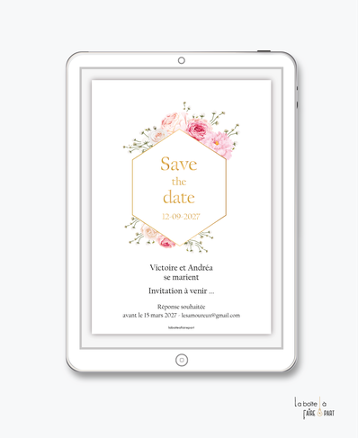 Save the date mariage numérique-Save the date mariage digital-Save the date numérique-pdf numérique-Save the date mariage electronique -Save the date à envoyer par mms-par mail-réseaux sociaux-whatsapp-facebook-messenger- Pivoine-doré-gypsophile-rose-