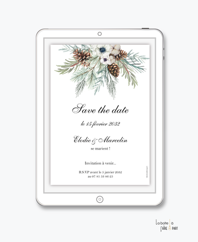 Save the date mariage numérique-Save the date mariage digital-Save the date numérique-Save the date mariage electronique -Save the date à envoyer par mms-par mail-réseaux sociaux-whatsapp-facebook-messenger-pigne de pin-branche pin-noël-pomme de pin-hiver