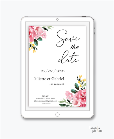 Save the date mariage numérique-Save the date mariage digital-Save the date numérique-pdf numérique-Save the date mariage electronique -Save the date à envoyer par mms-par mail-réseaux sociaux-whatsapp-facebook-messenger-floral-fleurs-pivoines-champêtre