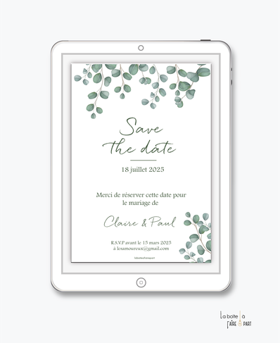 Save the date mariage numérique-Save the date mariage digital-Save the date numérique-pdf numérique-Save the date mariage electronique -Save the date à envoyer par mms-par mail-réseaux sociaux-whatsapp-facebook-messenger-eucalyptus-forêt-champêtre