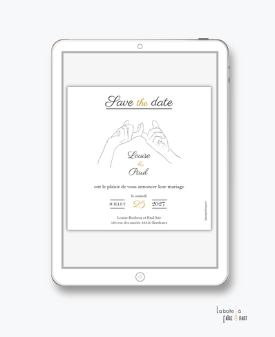 Save the date mariage numérique-Save the date mariage digital-Save the date numérique-pdf numérique-Save the date mariage electronique -Save the date à envoyer par mms-par mail-réseaux sociaux-whatsapp-facebook-messenger-main entrelacée-dessin-elegant