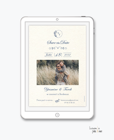 Save the date mariage numérique-Save the date mariage digital-Save the date numérique-pdf-Save the date mariage electronique -Save the date à envoyer par mail-réseaux sociaux-whatsapp-facebook-papyrus-monogramme-photo-chic-elegant-rafiné oriental-marocain