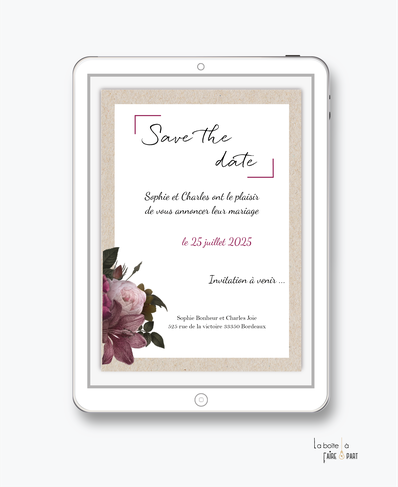 Save the date mariage numérique-Save the date mariage digital-Save the date numérique-pdf numérique-Save the date mariage electronique -Save the date à envoyer par mms-par mail-réseaux sociaux-whatsapp-facebook-messenger-hexagone champetre-fleurs-bohème