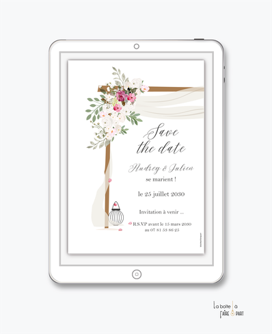 Save the date mariage numérique, arche, cérémonie laïque, fleurs