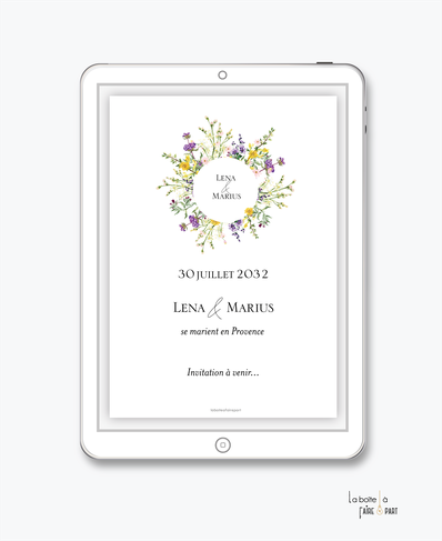 Save the date mariage numérique-Save the date mariage digital-Save the date numérique-Save the date mariage electronique -Save the date à envoyer par mms-par mail-réseaux sociaux-whatsapp-facebook-messenger-bouquet de fleurs-champêtre-sauvage-violet-jaune