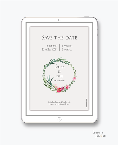 Save the date mariage numérique-Save the date mariage digital-Save the date numérique-pdf numérique-Save the date mariage electronique -Save the date à envoyer par mms-par mail-réseaux sociaux-whatsapp-facebook-messenger-Couronne d'eucalyptus-fleurs-champ