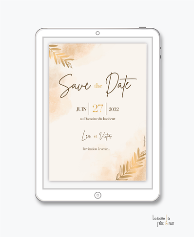 Save the date mariage numérique-Save the date mariage digital-Save the date numérique-pdf-Save the date mariage electronique -Save the date à envoyer par mail-réseaux sociaux-whatsapp-facebook-dégradé rose-branche de laurier-doré-feuille palmier