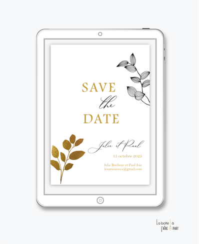 Save the date mariage numérique-Save the date mariage digital-Save the date numérique-pdf numérique-Save the date mariage electronique -Save the date à envoyer par mms-par mail-réseaux sociaux-whatsapp-facebook-messenger-tige vegetal 