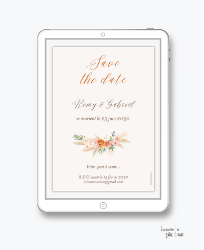 Save the date mariage numérique-Save the date mariage digital-Save the date numérique-Save the date mariage electronique -Save the date à envoyer par mms-par mail-réseaux sociaux-whatsapp-facebook-messenger-pivoine-champêtre-pampa-terracotta-couleur peche