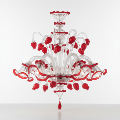 lampadario Rosso Valentino 6 luci rosso intenso in vetro di Murano lavorato a mano stile classico veneziano con pendagli trasparenti elegante per salone prestigioso made in Italy