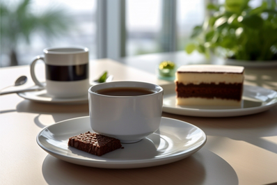 赤を基調としたテーブルコーディネート。コーヒーの入ったカップ&ソーサ。バラをみたてたクリームたっぷりのカップケーキ。