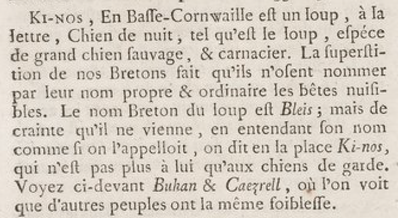 Ki-Noz, Dictionnaire de la langue bretonne..., Le Pelletier, 1752.
