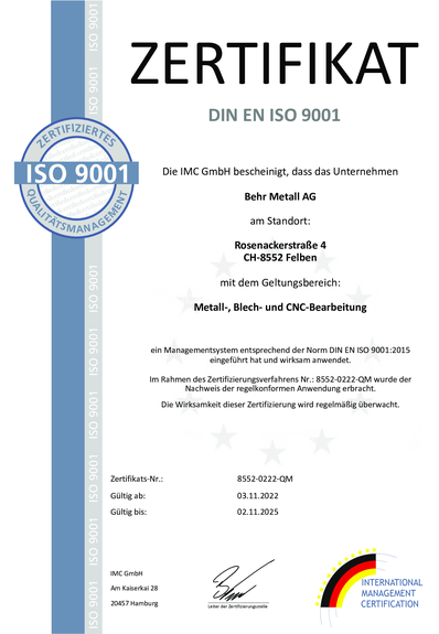 iso 9001 zertifikat dür das Lasern und Blechbearbeitung von rostfeiem Stahl
