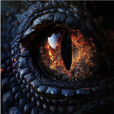 Eine Nahaufnahme des Auges und der schwarzen Schuppen eines alten Drachen, dessen feuriger Atem in der detaillierten Textur seiner Iris sichtbar ist. Hochauflösende Fotografie fängt die wahnsinnig komplexen Details ein und erzeugt ein hyperrealistisches, 