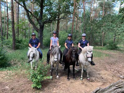 v.l.n.r. Katja Semrau mit Fákur, Jennifer Tegge mit Skelmir , Michaela Hertin mit Gára, Corinna Riedel mit Tigull beim Wuhlheide-Ausritt (Foto: Katja Semrau)