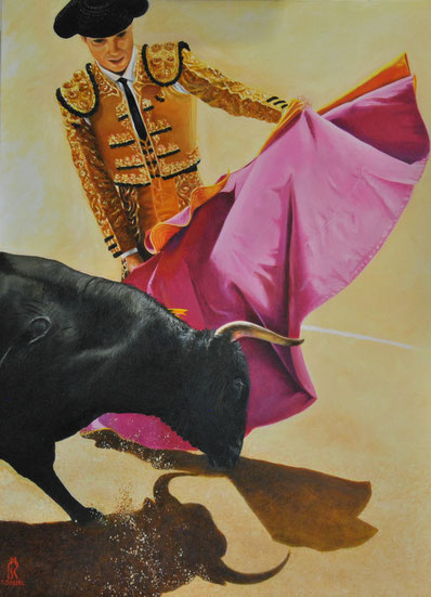 peinture-hyperrealisme-corrida-tauromachie-cape-toro-torero-arenes-arles-art-roussel-meric
